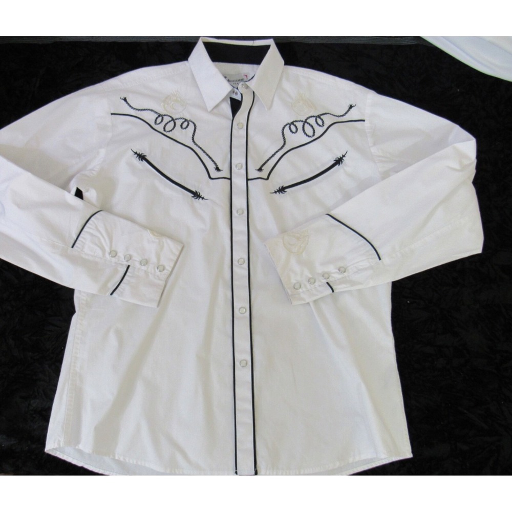 Ace of Diamonds Shirt Mens L  White Black Pearl Snap Button Rope Design